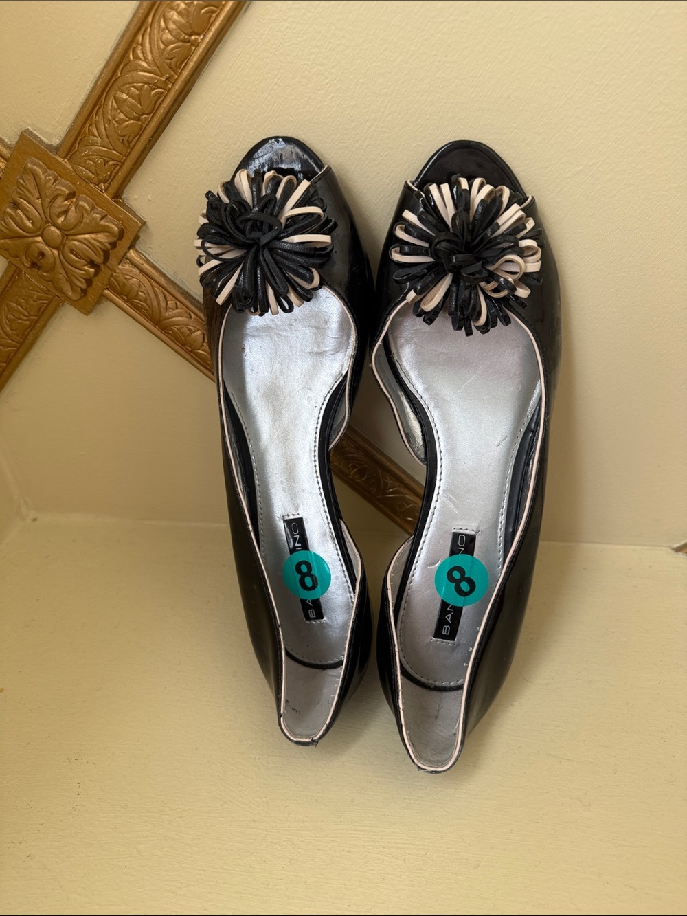 Bandolino Black Flats with Cream Pom Toe Accent
